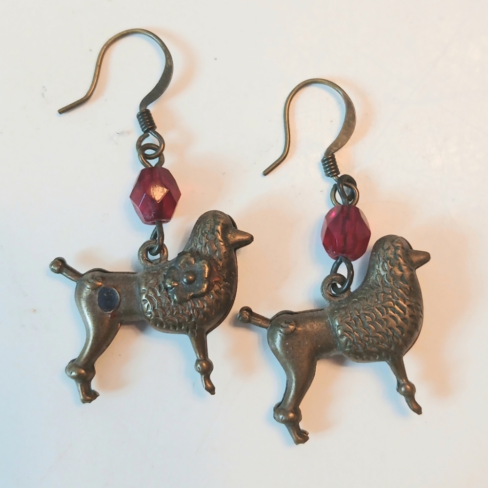 Vintage Brass French Poodle Dangle Earrings – Unique Flower Detail